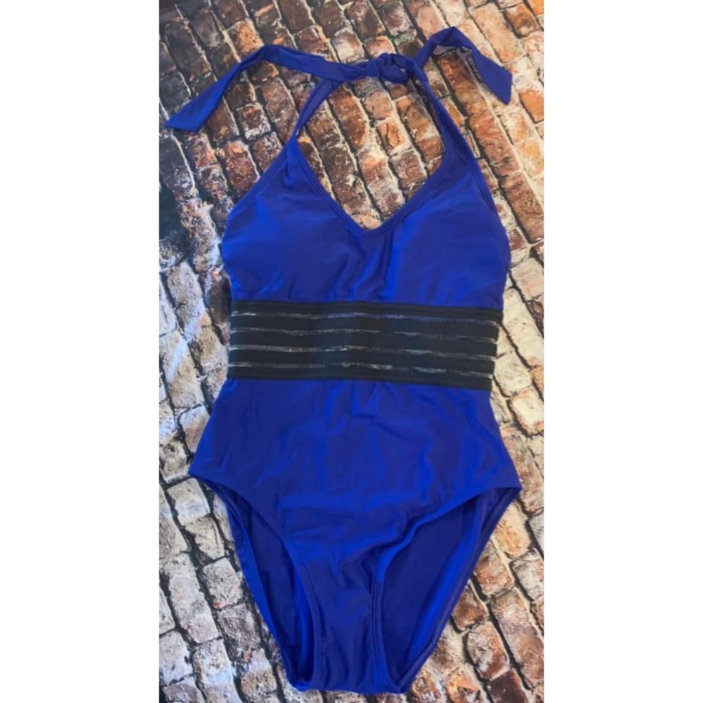 NWOT Cillet Swimsuit One Piece Royal Blue Sheer Waist Stripes Soft Cups Size Sm